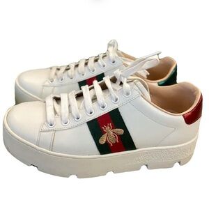 Gucci White Leather Platform Sneakers with Green and Red Web and Gold Bee